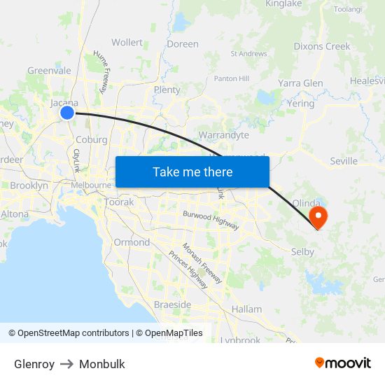 Glenroy to Monbulk map