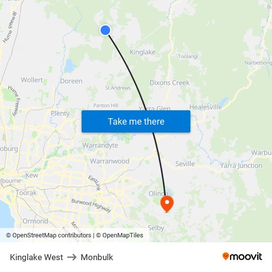 Kinglake West to Monbulk map