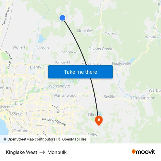 Kinglake West to Monbulk map
