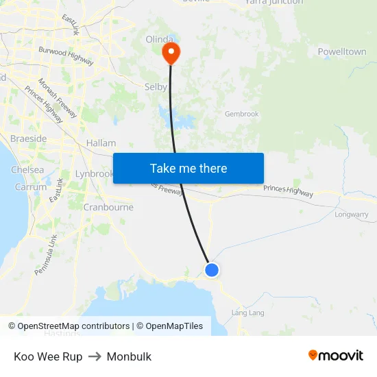 Koo Wee Rup to Monbulk map