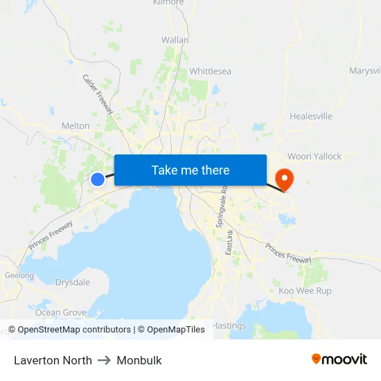 Laverton North to Monbulk map