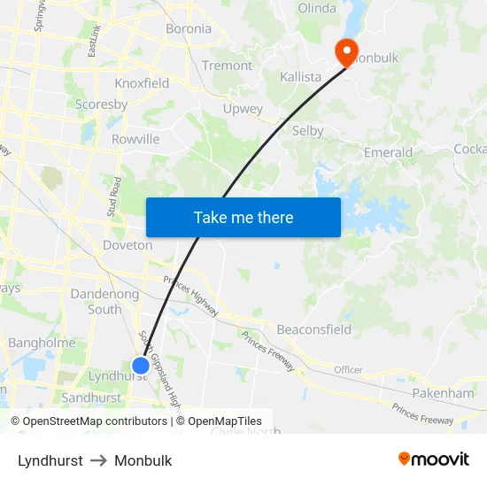 Lyndhurst to Monbulk map