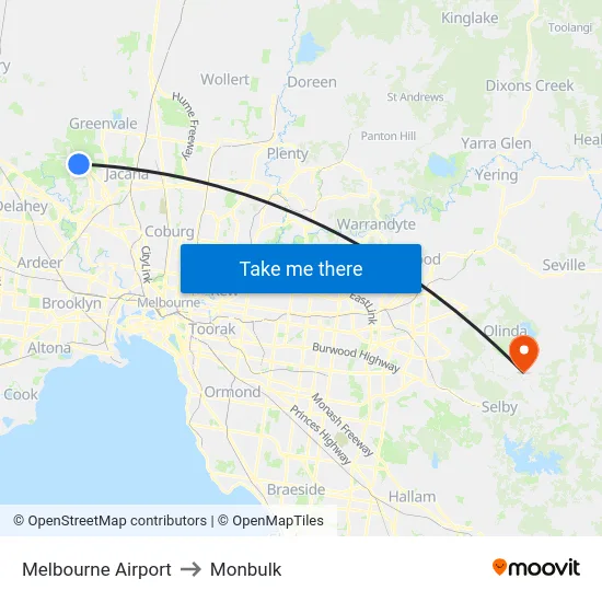 Melbourne Airport to Monbulk map