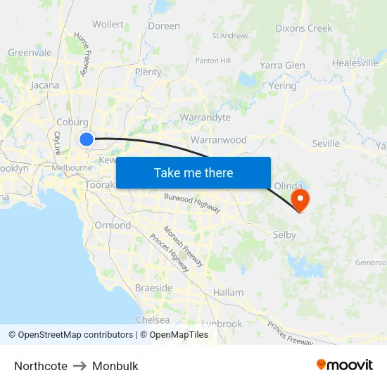 Northcote to Monbulk map