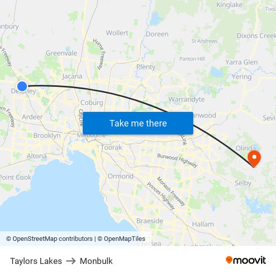 Taylors Lakes to Monbulk map