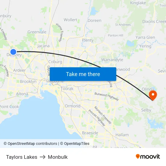Taylors Lakes to Monbulk map
