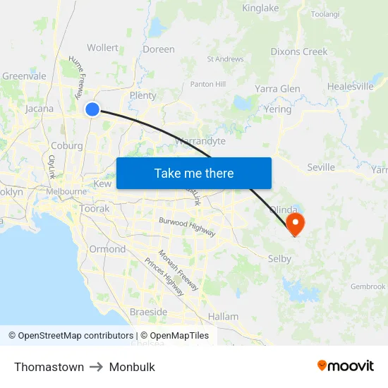 Thomastown to Monbulk map