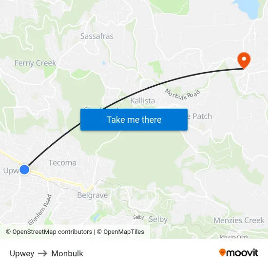 Upwey to Monbulk map
