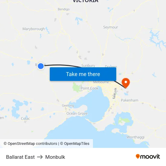 Ballarat East to Monbulk map