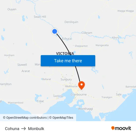 Cohuna to Monbulk map