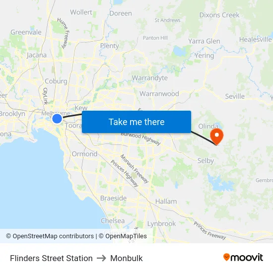 Flinders Street Station to Monbulk map