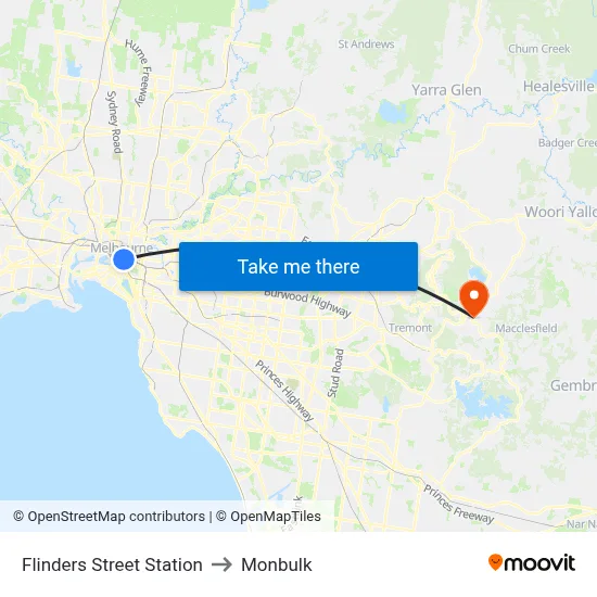 Flinders Street Station to Monbulk map