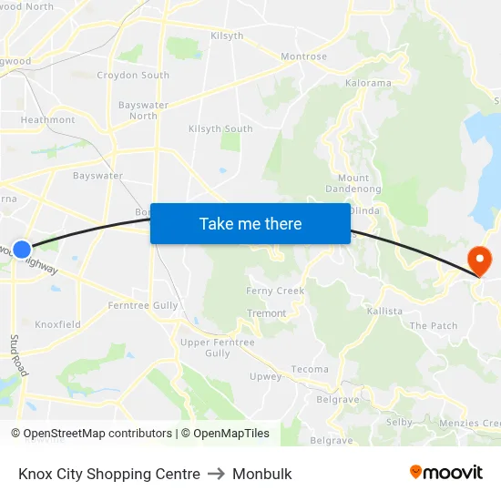 Knox City Shopping Centre to Monbulk map