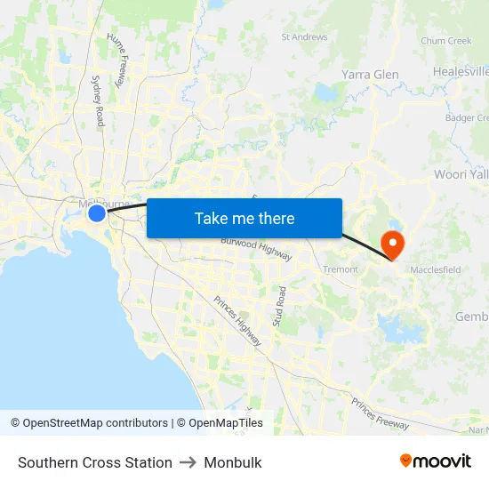 Southern Cross Station to Monbulk map