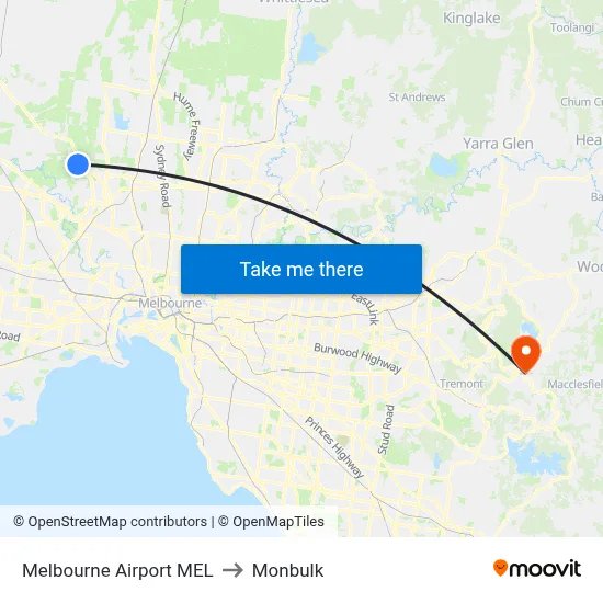 Melbourne Airport MEL to Monbulk map