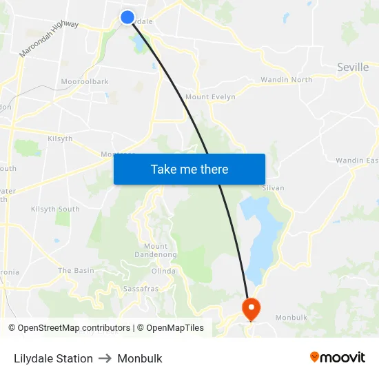 Lilydale Station to Monbulk map
