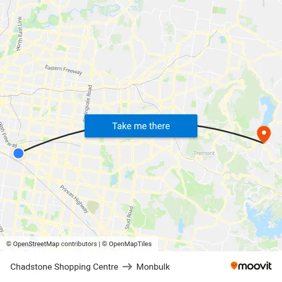 Chadstone Shopping Centre to Monbulk map