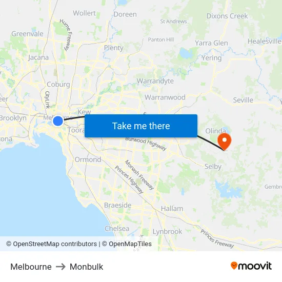 Melbourne to Monbulk map