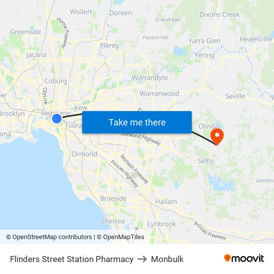 Flinders Street Station Pharmacy to Monbulk map
