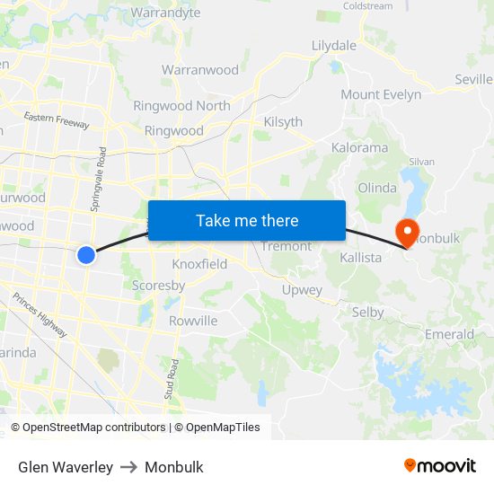 Glen Waverley to Monbulk map