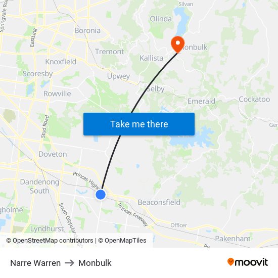 Narre Warren to Monbulk map