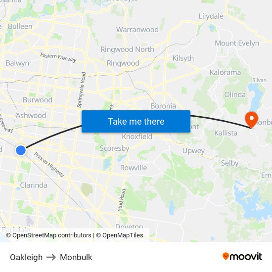 Oakleigh to Monbulk map