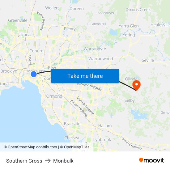 Southern Cross to Monbulk map