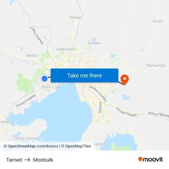Tarneit to Monbulk map