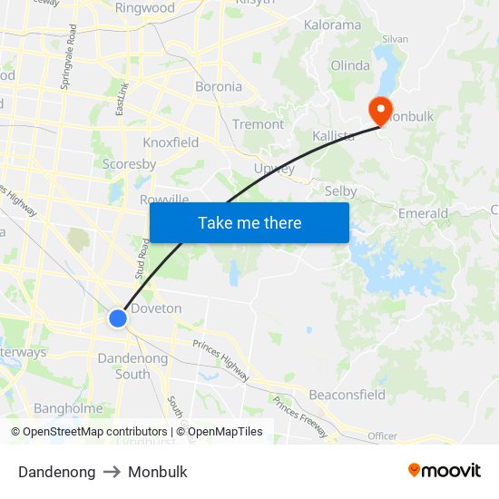 Dandenong to Monbulk map