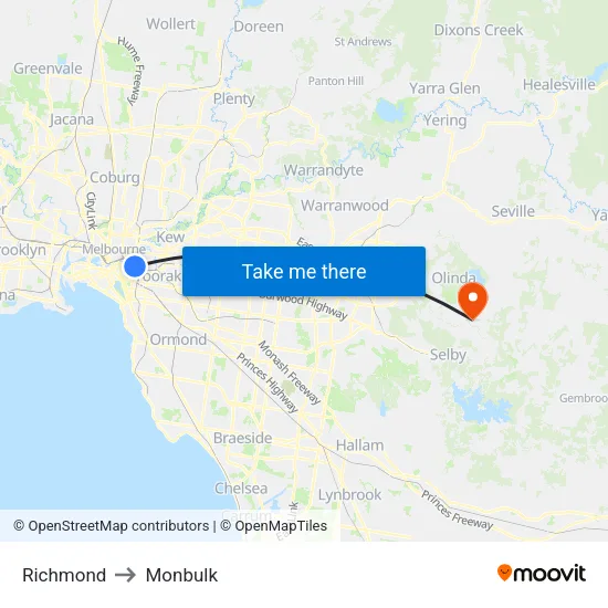 Richmond to Monbulk map