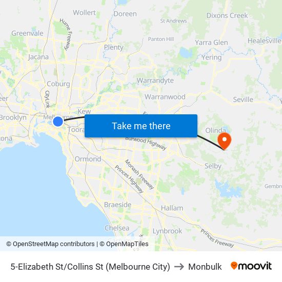 5-Elizabeth St/Collins St (Melbourne City) to Monbulk map