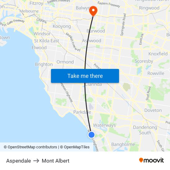 Aspendale to Mont Albert map