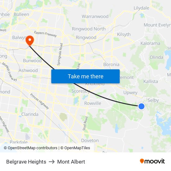 Belgrave Heights to Mont Albert map