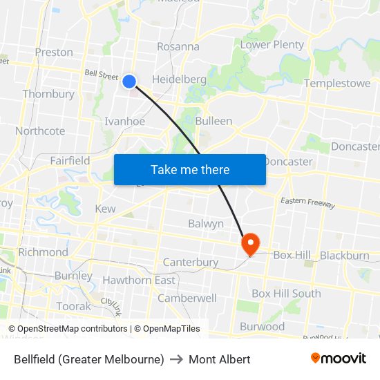 Bellfield (Greater Melbourne) to Mont Albert map