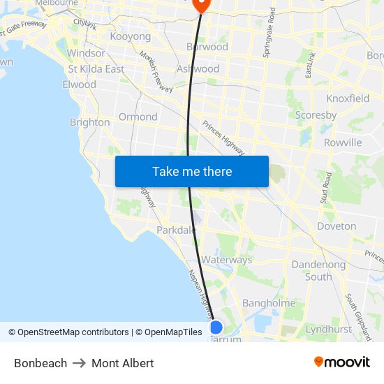 Bonbeach to Mont Albert map