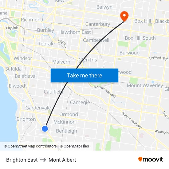 Brighton East to Mont Albert map