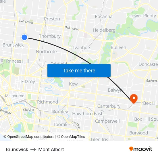 Brunswick to Mont Albert map