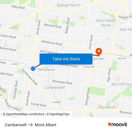 Camberwell to Mont Albert map