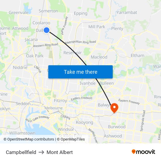 Campbellfield to Mont Albert map