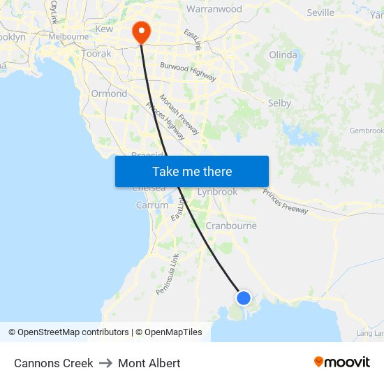 Cannons Creek to Mont Albert map