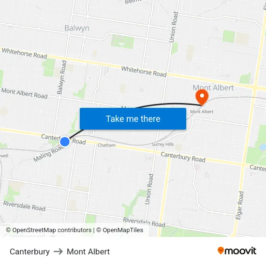Canterbury to Mont Albert map
