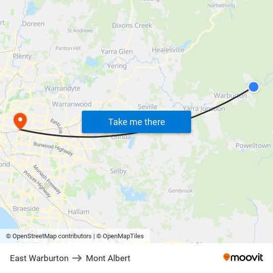 East Warburton to Mont Albert map