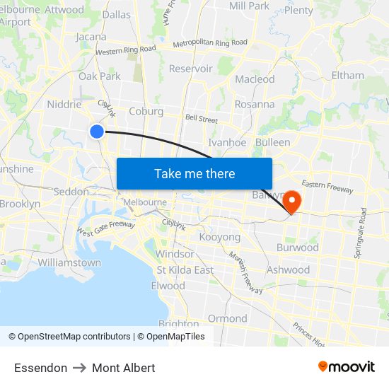 Essendon to Mont Albert map