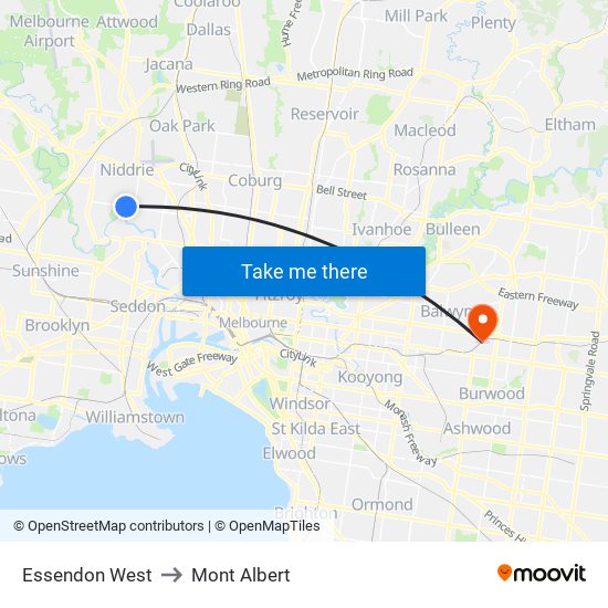 Essendon West to Mont Albert map