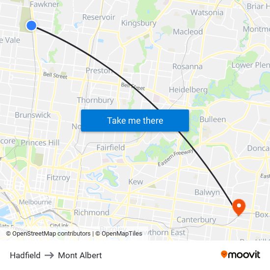 Hadfield to Mont Albert map