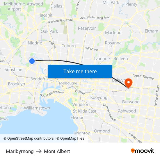 Maribyrnong to Mont Albert map