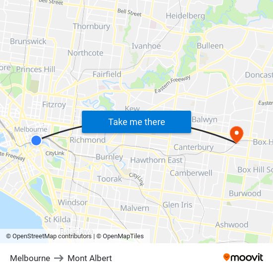 Melbourne to Mont Albert map