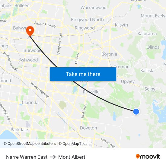 Narre Warren East to Mont Albert map