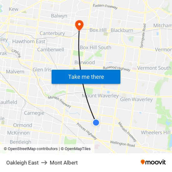 Oakleigh East to Mont Albert map