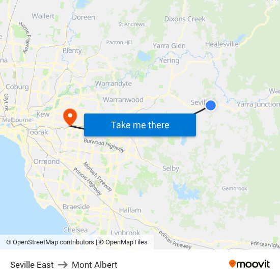 Seville East to Mont Albert map